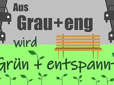 Text: Aus grau und eng wird Grün und entspannt