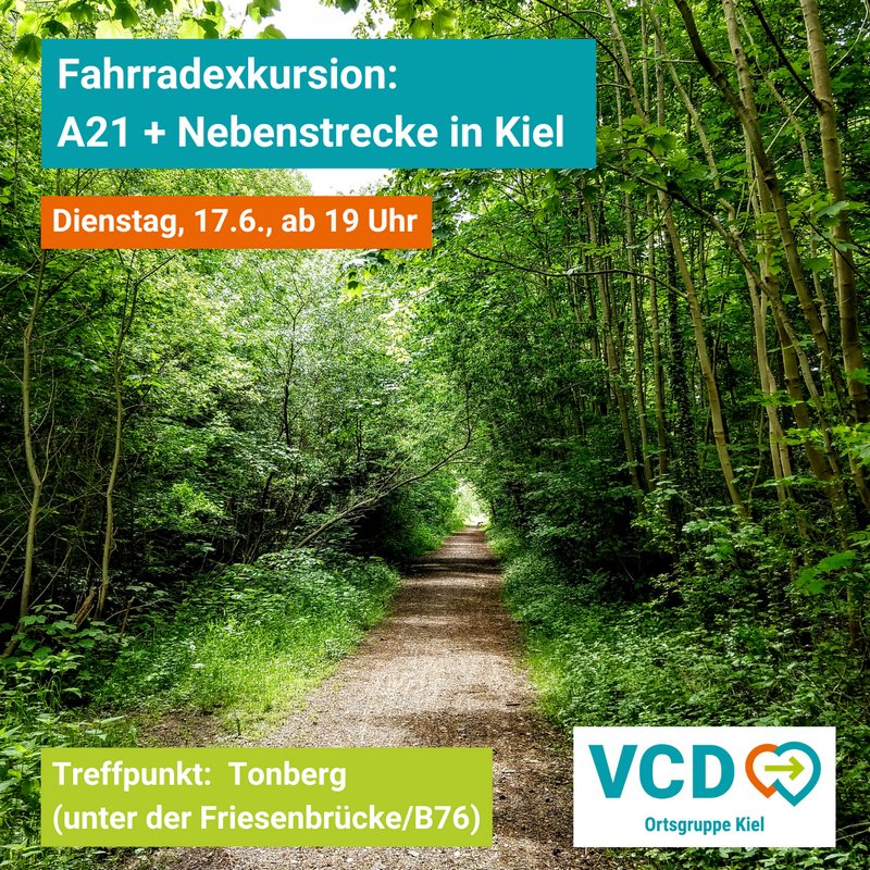 Fahrradexkursion der VCD-Ortsgruppe Kiel in Zusammenarbeit mit dem VCD-Landesbüro und "bielenbergkoppel.de".  Beginn: 17.6.25, ab 19 Uhr Treffpunkt: Tonberg, unter der Friesenbrücke (B76/Theodor-Heuss-Ring)